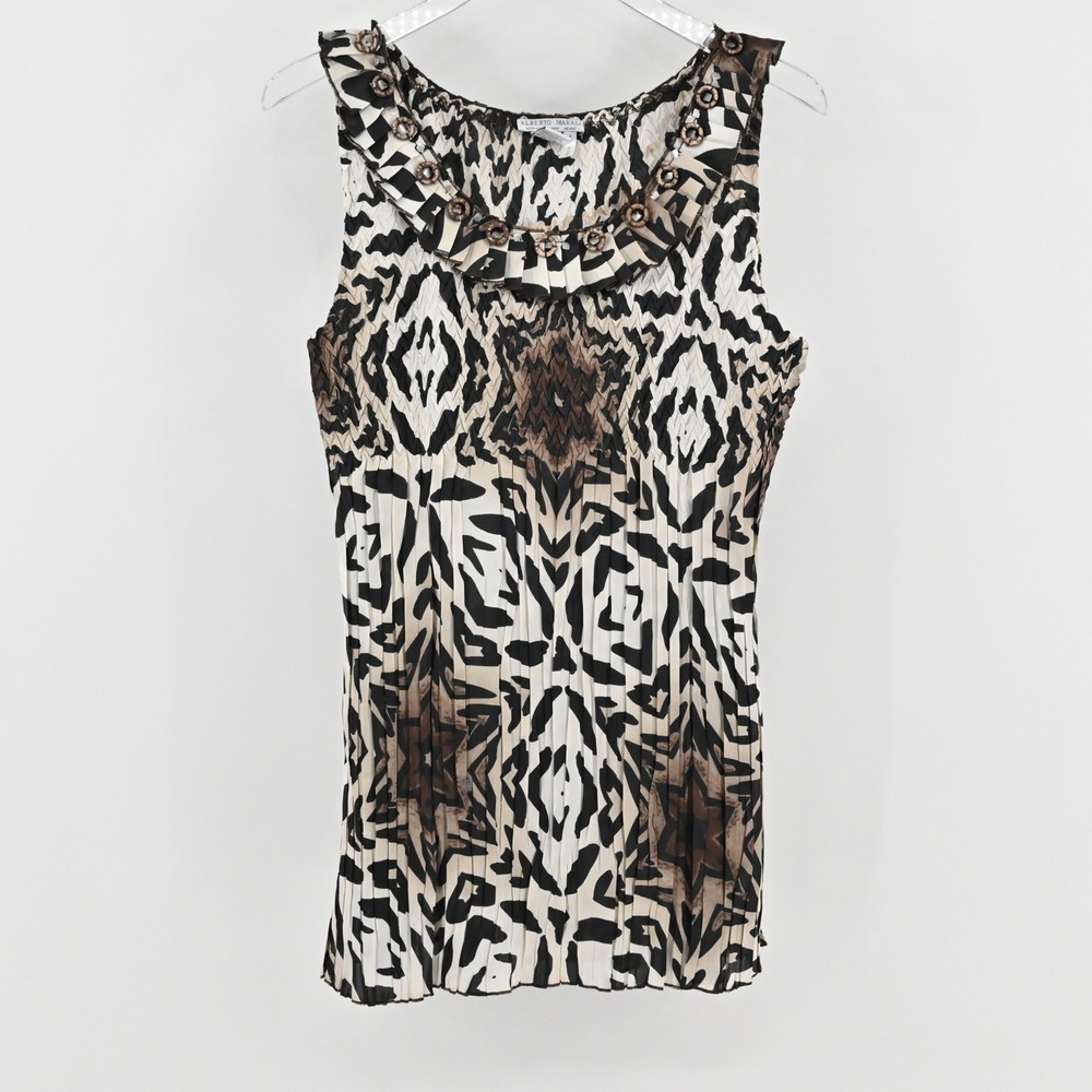 Alberto Makali Womens Sleeveless Pleated Blouse Size XL Animal Print Embellished